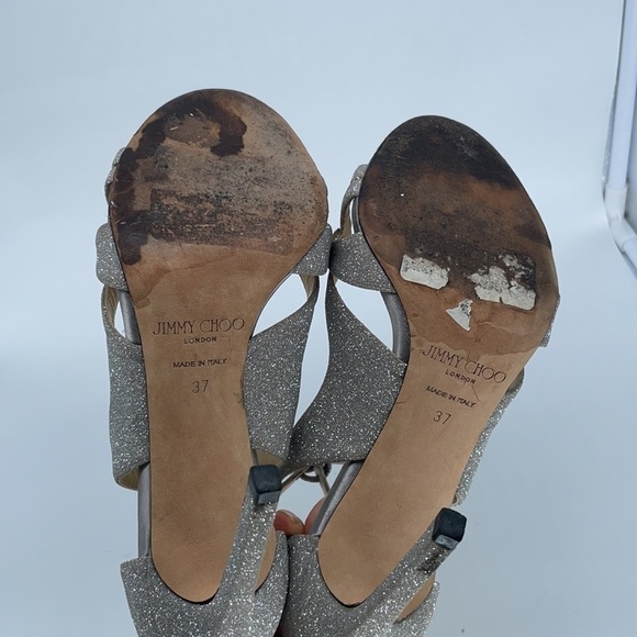 Jimmy Choo Silver Glitter Strappy rhinestone ankle tie peep toe heels 37 - Picture 7 of 9
